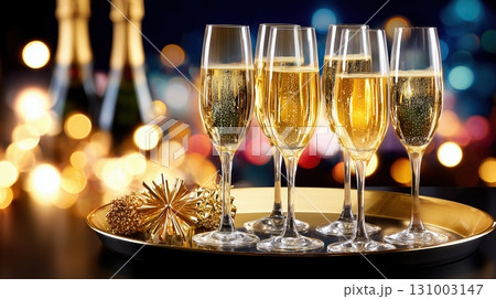 Champagne glasses on a golden tray with festive bokeh lights, perfect for celebration 131003147