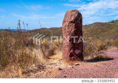 Megalithic menhir dos Gregorios standing stone in lush field megalithic monument Algarve Portugal Megalithic menhir dos Gregorios standing stone in lush field megalithic monument Algarve Portugal 131003451