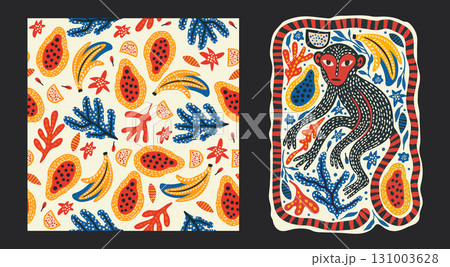 Whimsical Monkey Exotic Vintage Seamless Pattern Background Tropical Jungle Poster Set Boho Vector Collection 131003628