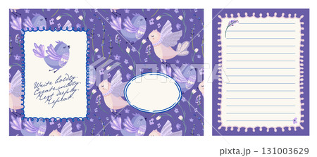 Retro Floral Bird Lavender Notebook Cover Blank Lined Page Border Background For Stationery Design Set 131003629