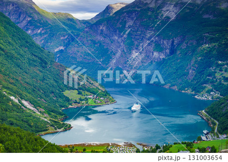 Fjord Geirangerfjord with cruise ship, Norway. Fjord Geirangerfjord with cruise ship, Norway. 131003654