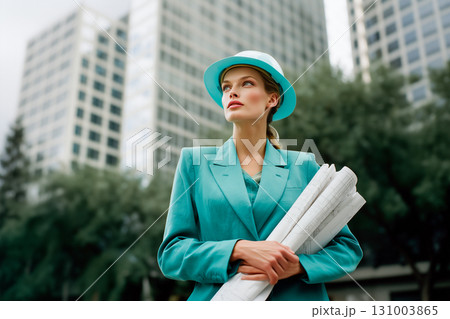 A woman in a blue suit and hat is holding a stack of papers 131003865