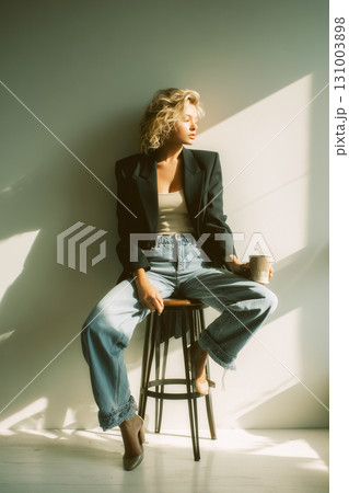 A woman in a black jacket and blue jeans sits on a stool in front of a window A woman in a black jacket and blue jeans sits on a stool in front of a window 131003898