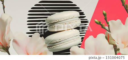 Minimalist collage presents a black-and-white macaron surrounded by geometric shapes and flowers. 131004075