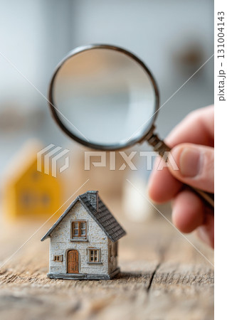 Magnifying glass focusing on small house model 131004143