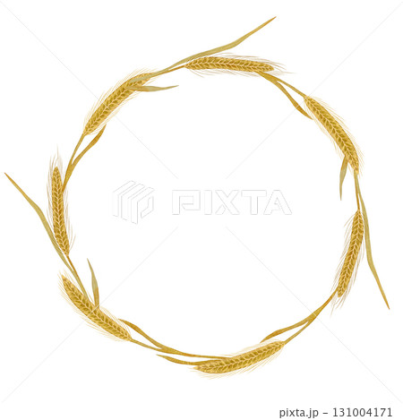Watercolor golden wheat wreath. Round frame of stylized wheat stalks on white background. Watercolor golden wheat wreath. Round frame of stylized wheat stalks on white background. 131004171