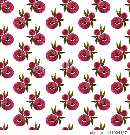 Watercolor pink peony with eye seamless pattern. Stylized peony flowers leaves on white background. Watercolor pink peony with eye seamless pattern. Stylized peony flowers leaves on white background. 131004177
