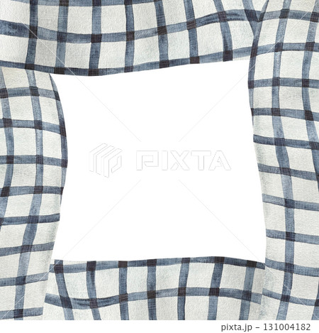 Watercolor blue checkered fabric frame. Square frame of light blue checkered cloth on white background. Watercolor blue checkered fabric frame. Square frame of light blue checkered cloth on white background. 131004182