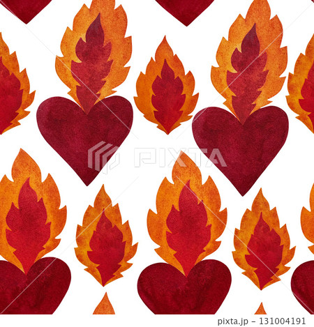Watercolor burning red heart seamless pattern. Hearts flames on white background. 131004191