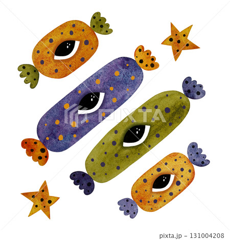 Watercolor monster candy set. Purple, orange, green spotted candies with eyes stars, isolated on white. Watercolor monster candy set. Purple, orange, green spotted candies with eyes stars, isolated on white. 131004208