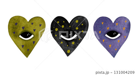 Watercolor monster heart set. Black, purple, green spotted hearts with eyes isolated on white. Watercolor monster heart set. Black, purple, green spotted hearts with eyes isolated on white. 131004209