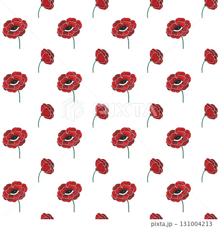 Watercolor red poppy with eye seamless pattern. Stylized poppy flowers on white background. Watercolor red poppy with eye seamless pattern. Stylized poppy flowers on white background. 131004213