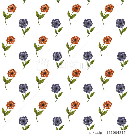 Watercolor orange and purple flower seamless pattern. Stylized floral repeat on white background. 131004215