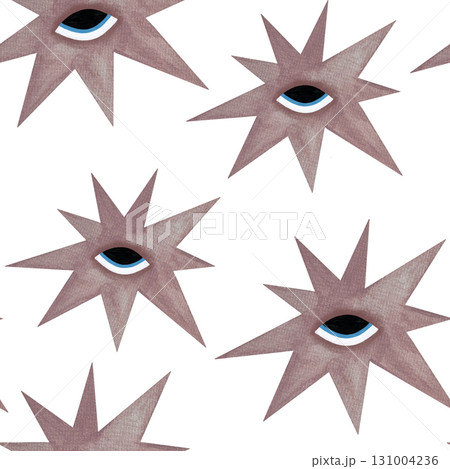 Watercolor pink star with eye seamless pattern. Asymmetrical pale pink stars with eyes on white background. 131004236