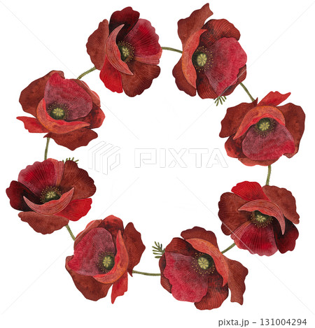 Watercolor red poppy wreath. Round frame of stylized poppy flowers on white background. 131004294