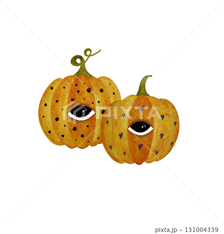 Watercolor stylized Halloween pumpkins. Pumpkins with patterns and eyes isolated on white background. Watercolor stylized Halloween pumpkins. Pumpkins with patterns and eyes isolated on white background. 131004339