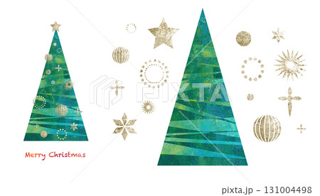 ペイントしたテクスチャのグリーンのツリーと、ゴールドのオーナメントのイラストセット。幾何学的なデザイ 131004498