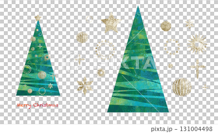 ペイントしたテクスチャのグリーンのツリーと、ゴールドのオーナメントのイラストセット。幾何学的なデザイ 131004498