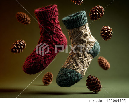 Two knitted wool socks suspended among floating pine cones 131004565