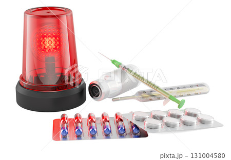 Emergency medical set. Red siren with syringe, pills and thermometer. 3D rendering 131004580