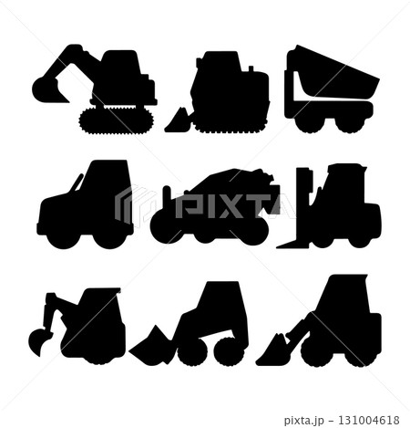 Silhouettes of construction vehicles and machinery against a plain background in various positions and activities Silhouettes of construction vehicles and machinery against a plain background in various positions and activities 131004618