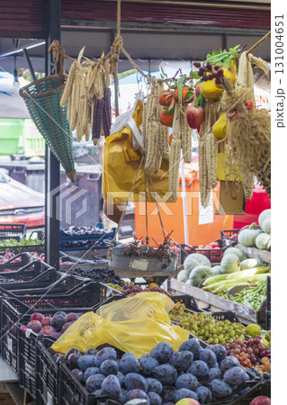 Fig fruits, pears, plums and other fruits and berries on display of the farmers stall 131004651