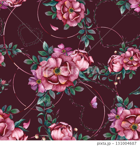 Floral seamless pattern pink flowers, abstract heart, butterfly. Watercolor peony with leaves isolated on maroon background. Repeat illustration for wrapping paper, packaging, scrapbook, textiles 131004687