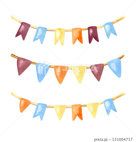 Festive garland multicolored flag set. Watercolor children isolated clip art. Bright color vintage decoration. Hand drawn Illustration for pattern design, greeting card, holiday packaging, sticker Festive garland multicolored flag set. Watercolor children isolated clip art. Bright color vintage decoration. Hand drawn Illustration for pattern design, greeting card, holiday packaging, sticker 131004717
