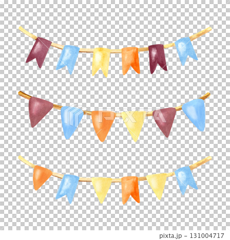 Festive garland multicolored flag set. Watercolor children isolated clip art. Bright color vintage decoration. Hand drawn Illustration for pattern design, greeting card, holiday packaging, sticker Festive garland multicolored flag set. Watercolor children isolated clip art. Bright color vintage decoration. Hand drawn Illustration for pattern design, greeting card, holiday packaging, sticker 131004717