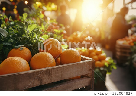 Close Up of Rustic Wooden Stall Showcasing Bright Oranges at Market with Sunlight Close Up of Rustic Wooden Stall Showcasing Bright Oranges at Market with Sunlight 131004827