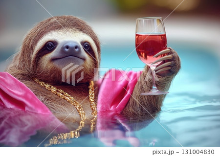 Plump Sloth Enjoying Refreshing Drink in Vibrant Pink Robe by Poolside 131004830