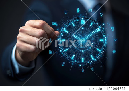 Hand Reaching for Digital Clock with Finance Symbols Representing Time Management in Business 131004831