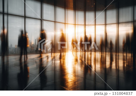 Modern Open Plan Workplace Bathed in Soft Sunlight Creating a Warm Inviting Atmosphere 131004837