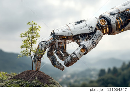 AI Robot Planting Green Seeds on Distant Planet for Sustainable Space Farming Initiative 131004847