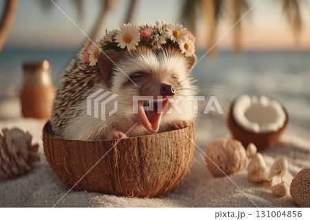 Adorable hedgehog nestled in coconut shell smiling on a sunny beach surrounded by shells 131004856