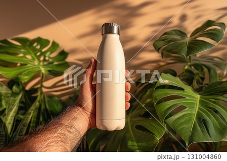 Eco-Friendly White Bottle Held by Male Hand Surrounded by Lush Green Plants in Natural Light Eco-Friendly White Bottle Held by Male Hand Surrounded by Lush Green Plants in Natural Light 131004860
