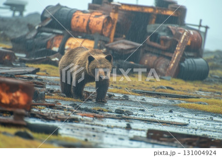 Bear Sniffs Around Abandoned Chemical Plant Surrounded by Rusty Equipment and Debris 131004924