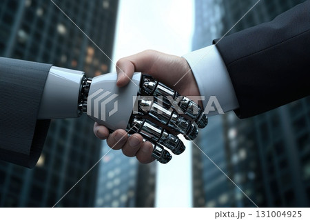 Businessperson and Robot Shaking Hands in Urban Environment with Modern Skyscrapers 131004925