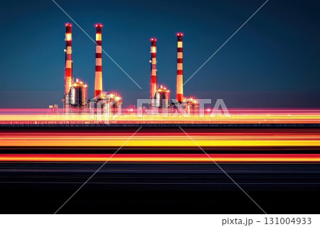 High-Speed Freight Train Moving Through Industrial Landscape at Night Under Bright Lights 131004933