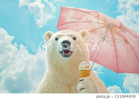 Polar Bear Enjoys Ice Cream Under Pink Umbrella in Sunny Sky 131004939