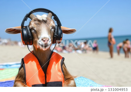 Cheerful Goat Wearing Oversized Headphones at the Beach on a Sunny Day 131004953
