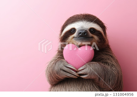 Adorable sloth holding a pink heart on a soft pink background expressing love and affection 131004956