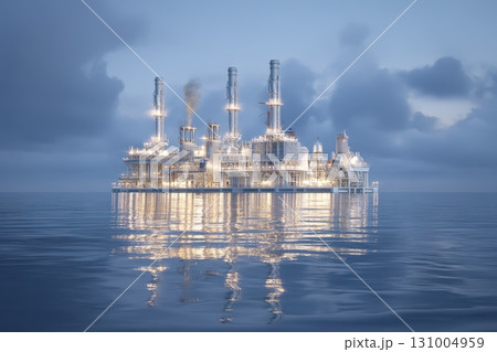 Floating Renewable Energy Station on Calm Ocean Water at Dusk with Reflections and Clouds Floating Renewable Energy Station on Calm Ocean Water at Dusk with Reflections and Clouds 131004959