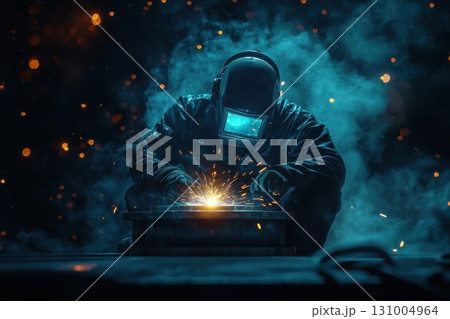 Technician Performing Welding on Large Metal Components in a Dark Environment with Sparks Technician Performing Welding on Large Metal Components in a Dark Environment with Sparks 131004964