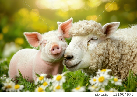 Happy Piglet and Fluffy Sheep Enjoying a Sunny Day in Lush Green Meadow with Flowers 131004970