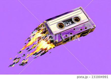 Melting Cassette Tape Transforming into Pixelated Glitch Art on Vibrant Purple Background 131004991