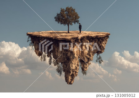Surreal Floating Island Featuring a Person Pushing a Stone Up Toward a Tree and Cloudy Sky 131005012