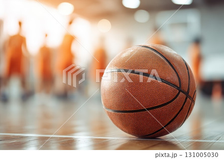 Basketball resting on polished court floor with players blurred in the background during practice 131005030
