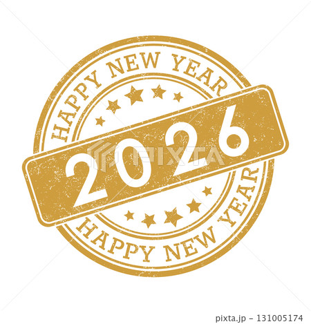 Happy New Year. Impression of a round stamp with a scuff. template for greeting cards, banners, prints, stickers, websites, social networks and creative design Happy New Year. Impression of a round stamp with a scuff. template for greeting cards, banners, prints, stickers, websites, social networks and creative design 131005174