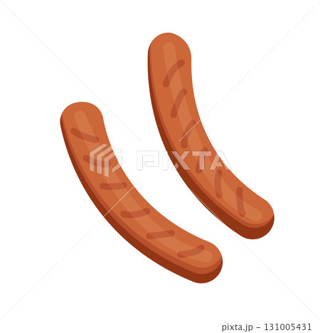 Fried sausage isolated on white background, street food concept, fast food, Bbq. Vector illustration of grilled sausage in flat cartoon style. Can be used for banner, cover, advertisement, menu Fried sausage isolated on white background, street food concept, fast food, Bbq. Vector illustration of grilled sausage in flat cartoon style. Can be used for banner, cover, advertisement, menu 131005431